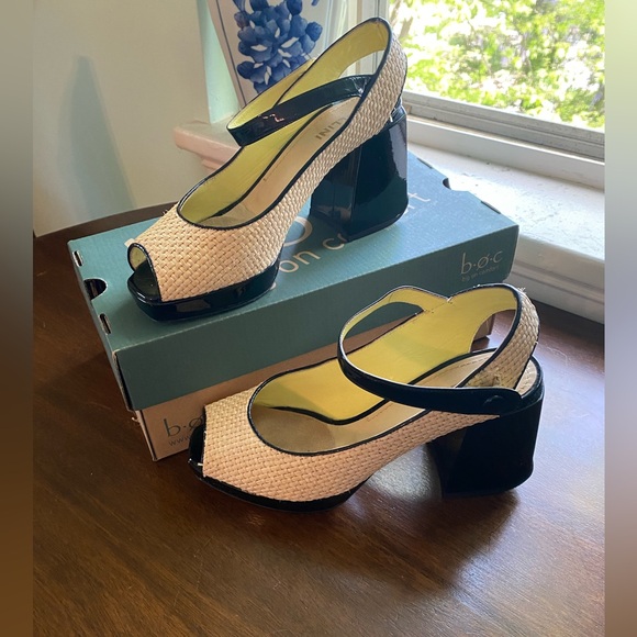 Pollini Raffia Slingback Pumps Open Toe, Woven Neutral w/Black Heel; Size: 9.5 - Picture 4 of 11